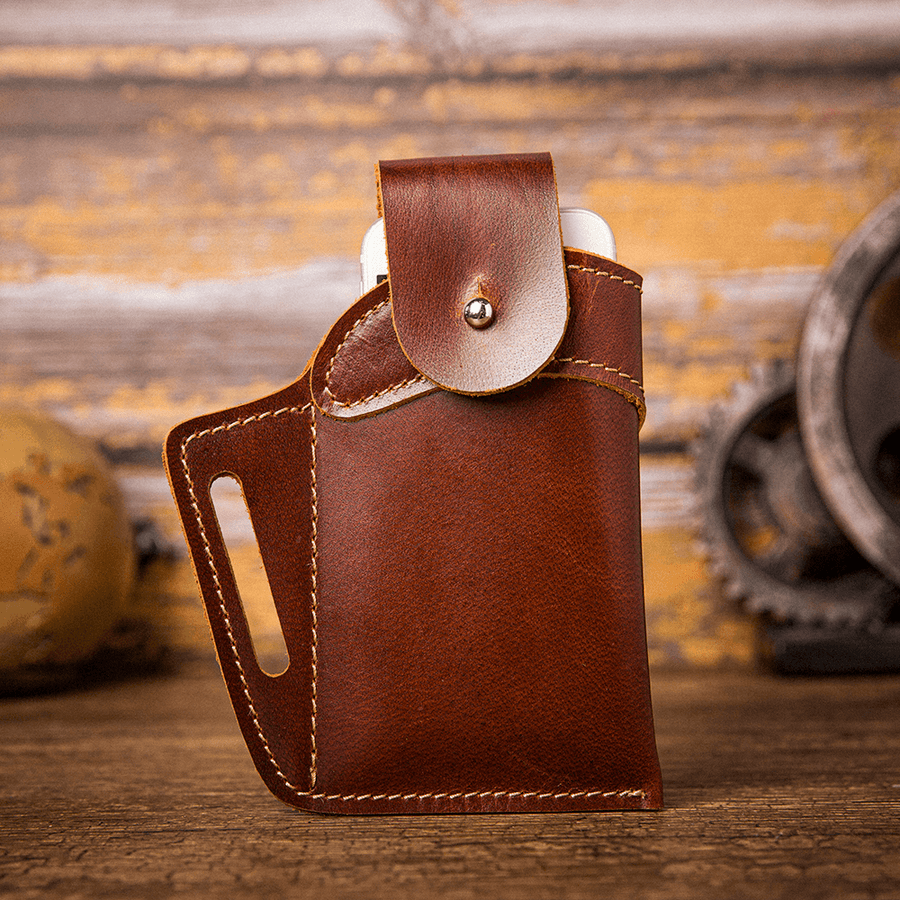 Men Genuine Leather Retro 5.3 Inch Small Phone Bag Solid Color Belt Bag Waist Bag - MRSLM