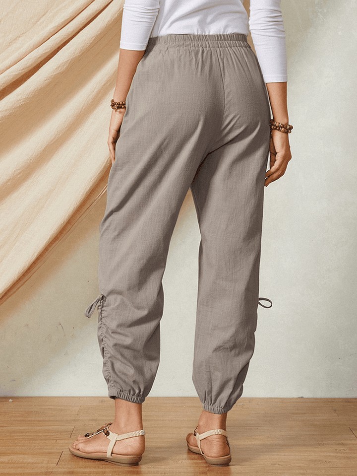 Solid Color Pocket Elastic Waist Drawstring Design Casual Cotton Women Pants - MRSLM