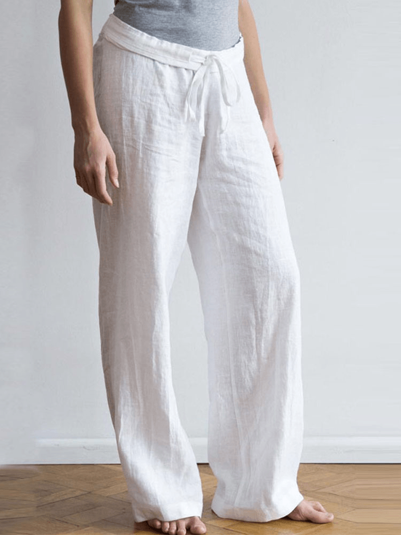 Women Elastic Waist Pockets Long Cotton Wide Leg Pants - MRSLM