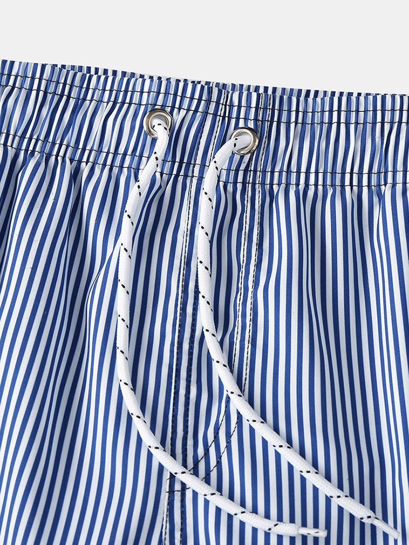 Mens Lightweight Blue Striped Quick Drying Beach Mesh Line Drawstring Casual Shorts - MRSLM