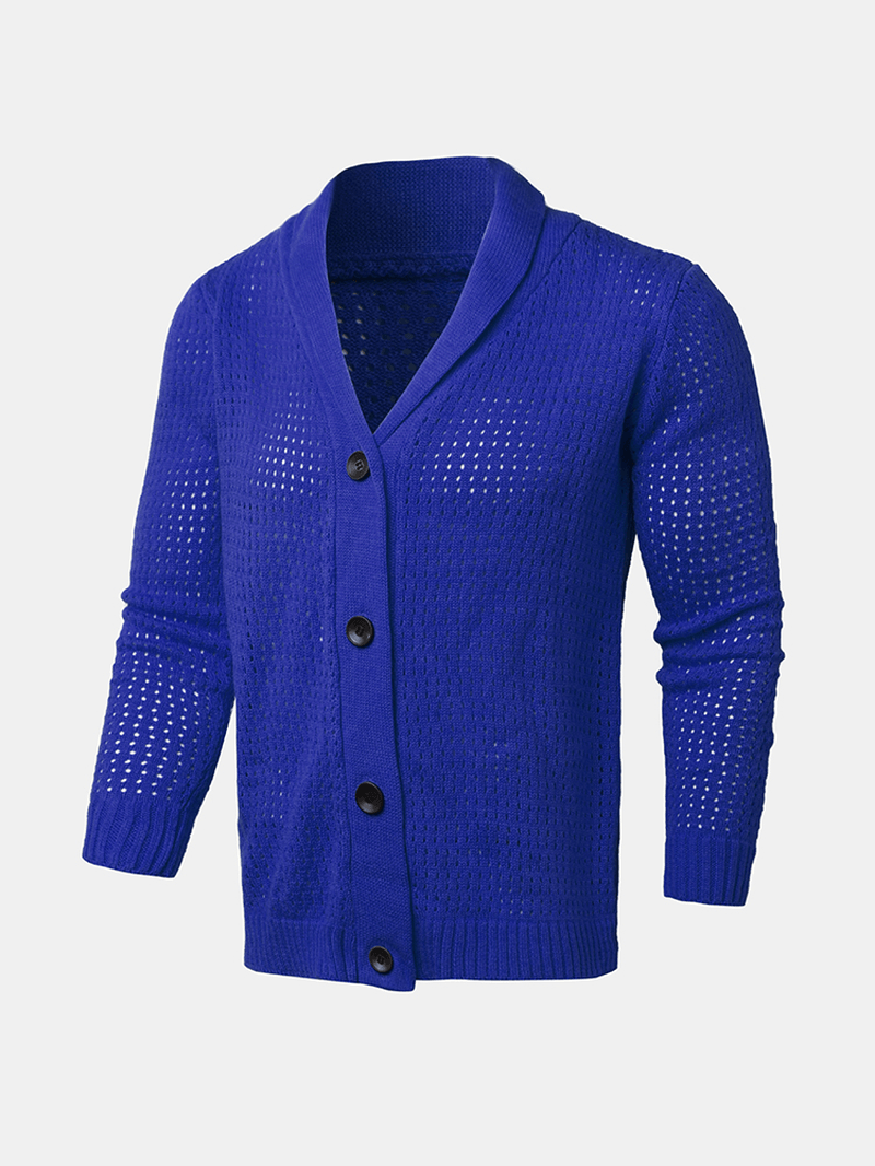 Mens Rib-Knit Hollow Out Button Front Lapel Casual Long Sleeve Cardigans - MRSLM