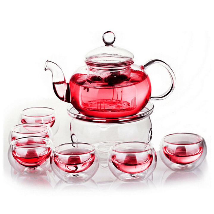 Borosilicate Glass Tea Pot Set Heat-Resistant Teapot Warmer 6 Double Wall Tea Cups - MRSLM
