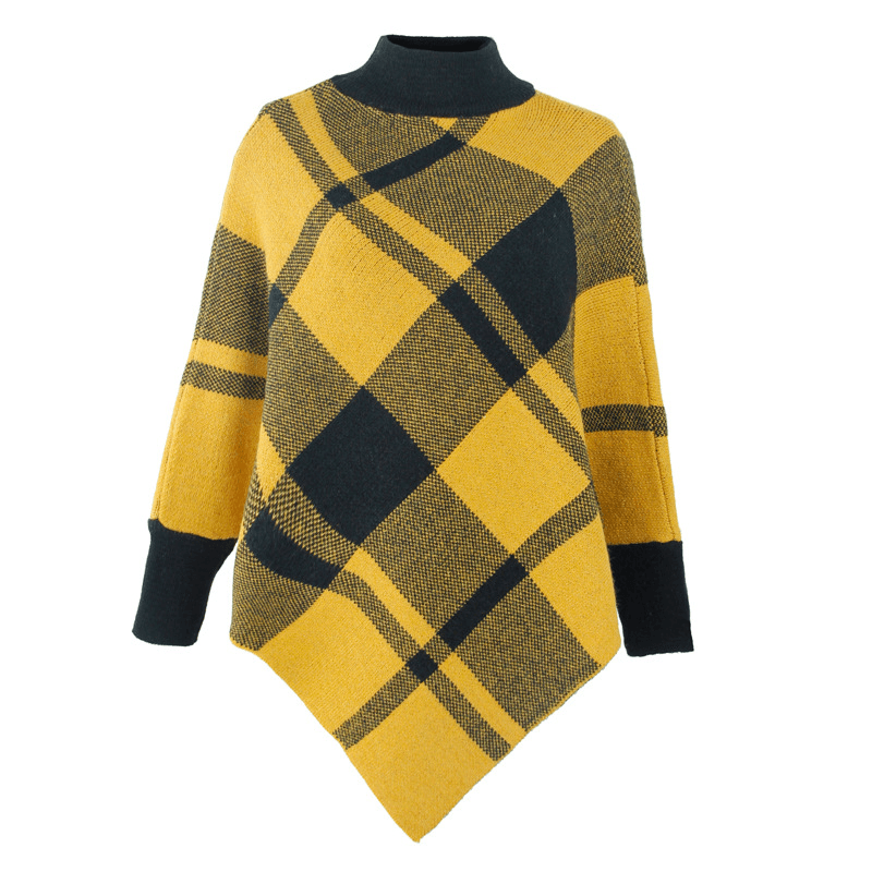 Color Block Check Cape Bat Sleeve Pullover Knit Shawl - MRSLM