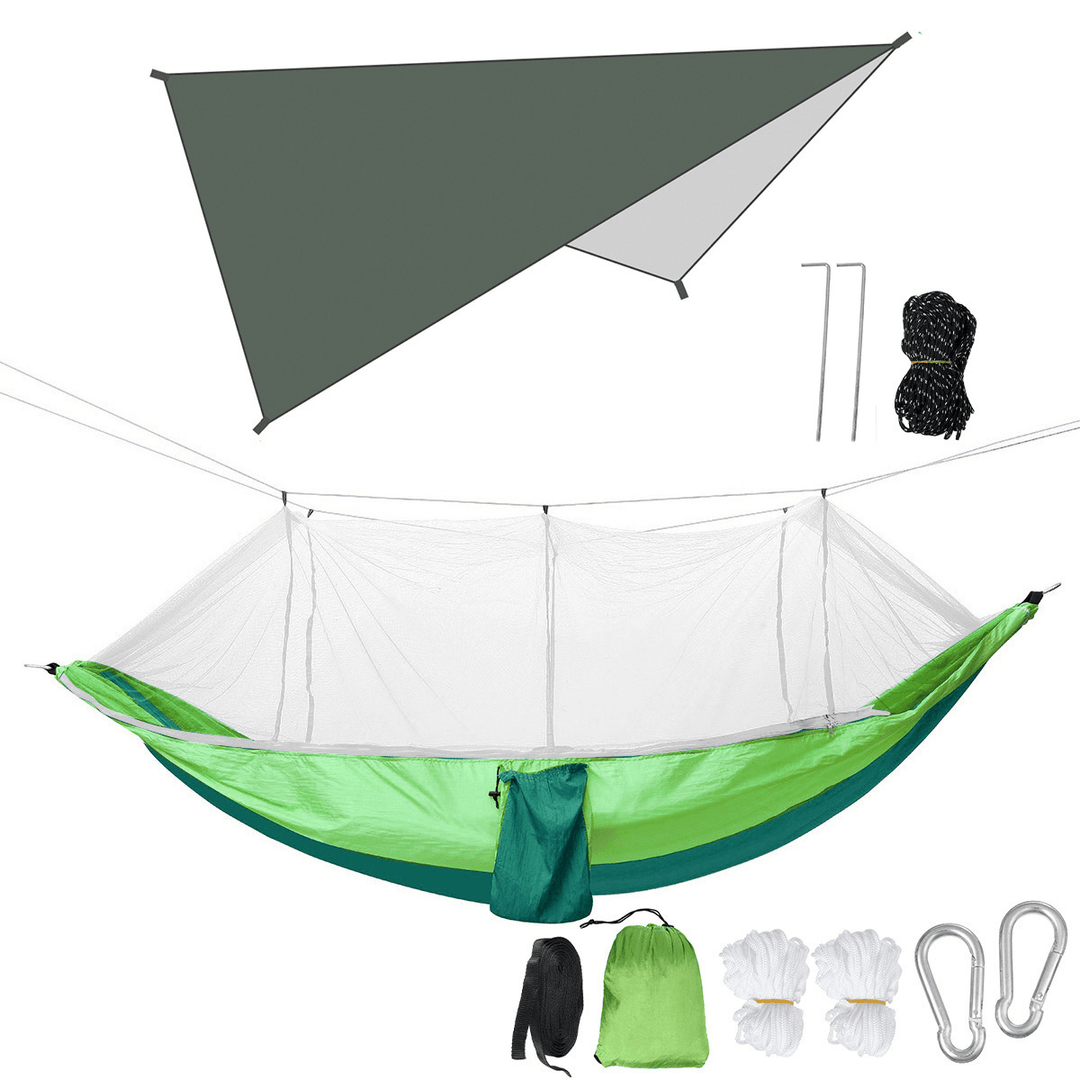Double Person Camping Hammock with Mosquito Net + Awning Outdoor Hiking Travel Hanging Hammock Set Bearable 300Kg - MRSLM