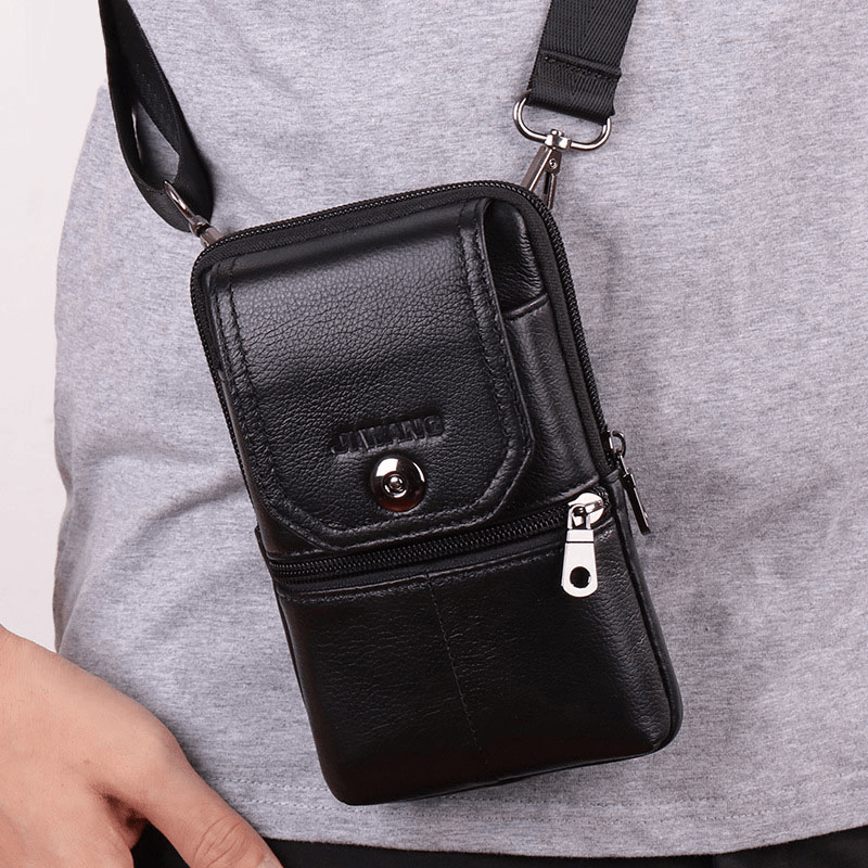 Men Genuine Leather Belt Bag Crossbody Bag 6 Inch Phone Bag Waist Bag Belt Bag - MRSLM