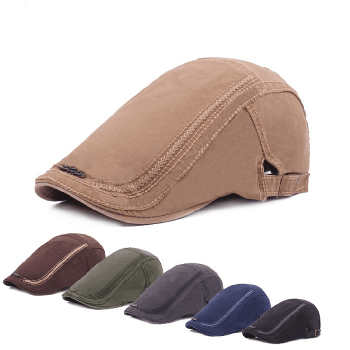 Men Women Cotton Washed Beret Hat Fashion Iron Label Buckle Adjustable Cabbie Golf Gentleman Caps - MRSLM
