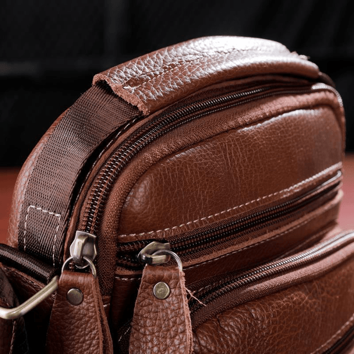 Men Genuine Leather Multi-Pocket Vintage 6.3 Inch Phone Bag Crossbody Bags Shoulder Bag Handbag - MRSLM