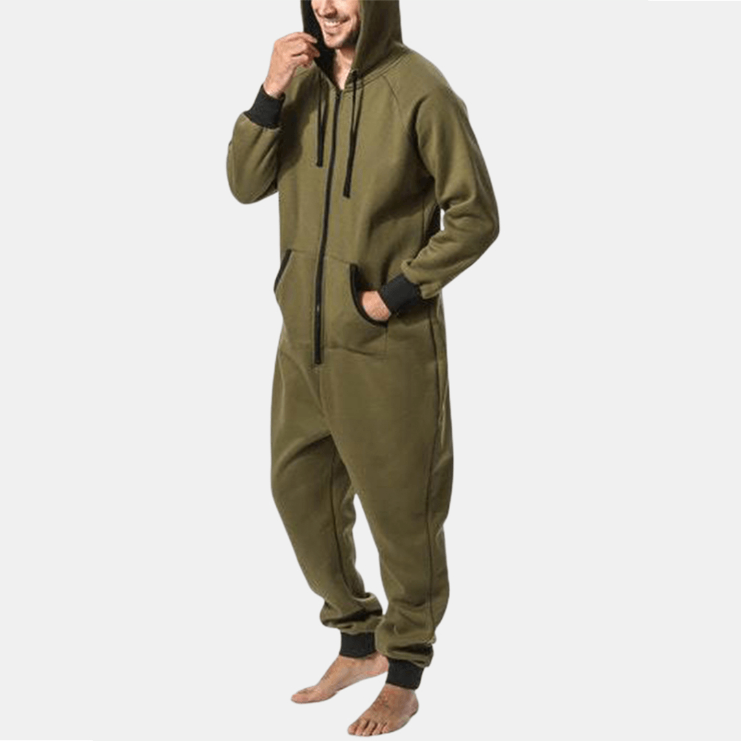 Men Mulit Pockets Thicken Loungewear Zip down Jumpsuit Plain Hooded Pajamas - MRSLM