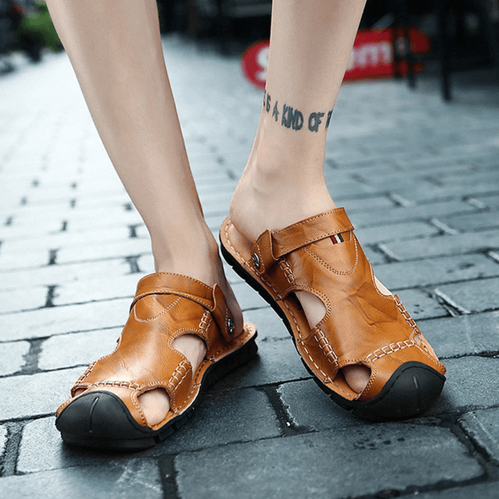 Men Casual Soft anti Collision Toe Genuine Leather Sandals - MRSLM
