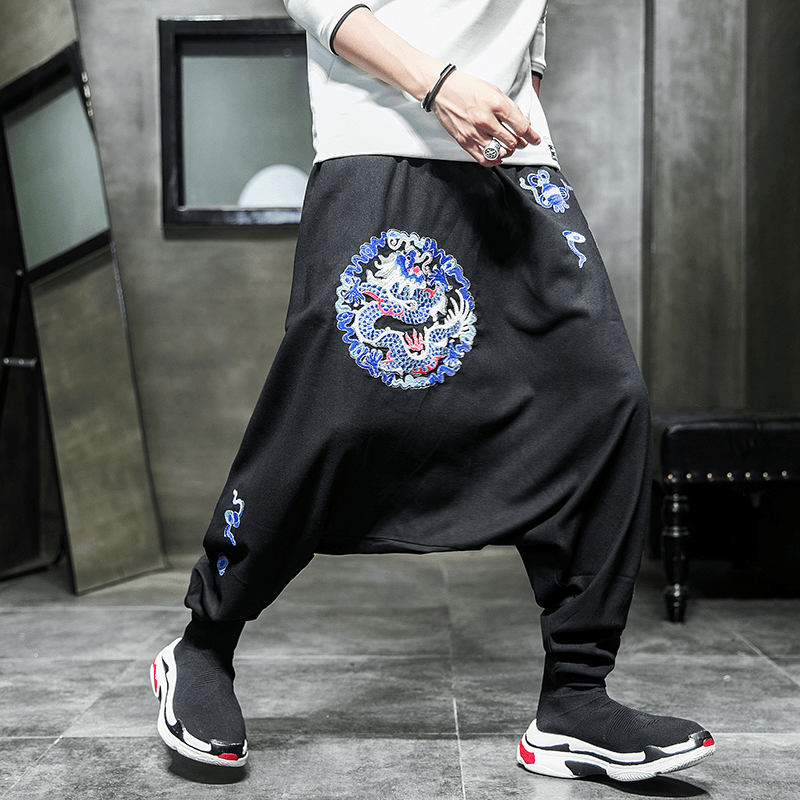 Autumn Country Chaolong Embroidery Casual Pants Loose plus Fat plus Size Straight Tube Low Crotch Span Pants - MRSLM
