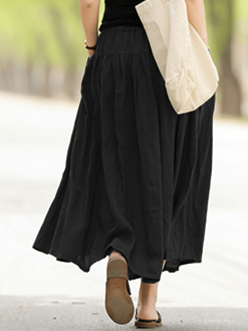 Casual Solid Elastic Waist Pleated Spliced Cotton Skirt for Women - MRSLM