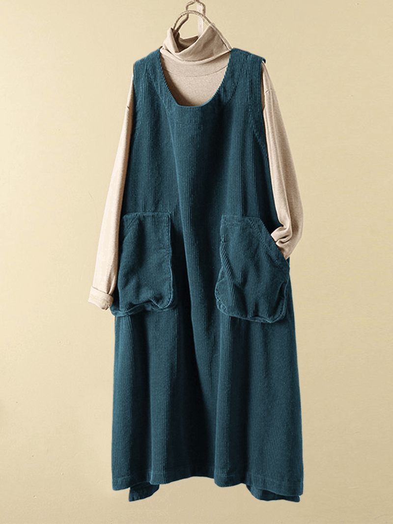 Women Corduroy Loose Pure Color Split Hem Sleeveless Dress - MRSLM