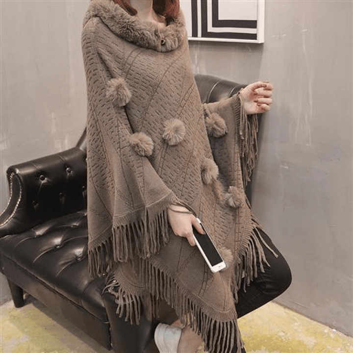 Loose Outer Wear Fur Collar Bat Shirt with Hand-Woven Tassels - MRSLM