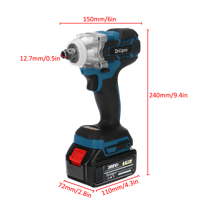 520N.M Torque 388VF Brushless Impact Wrench Cordless Rechargeable Electric Wrench Tool W/ 1/2X Battery - MRSLM