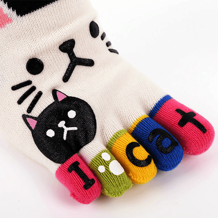 Women Cute Cartoon Cat Five Toes Socks Thick Warm Middle Tube Sock - MRSLM