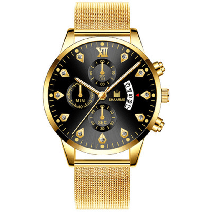 Khorasan Fashion Business Decorated Pointer with Calendar Dial Alloy Mesh Band Men Quartz Watch Wristband - MRSLM