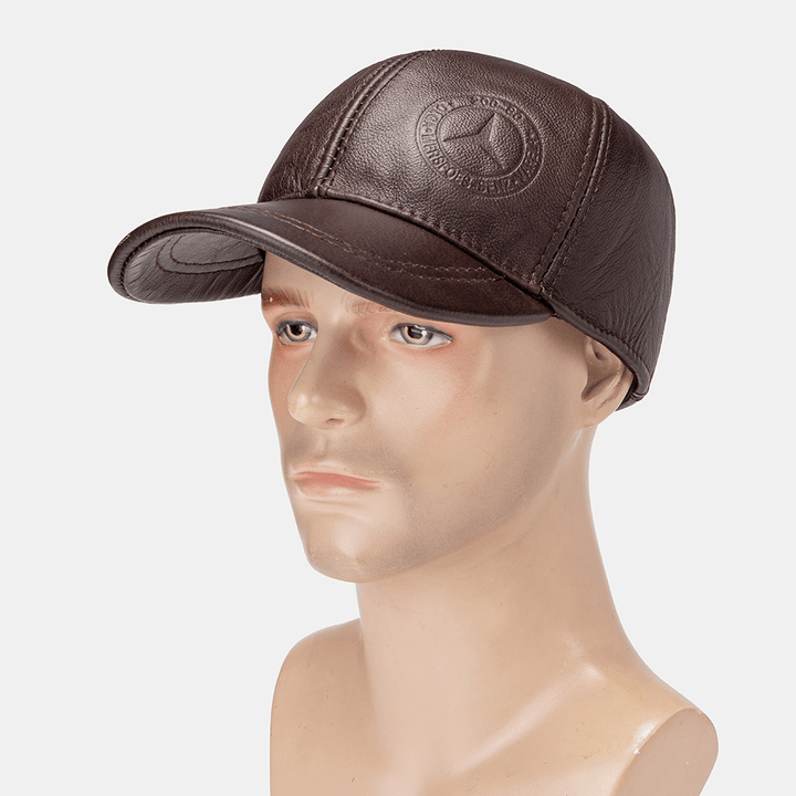 Men Genuine Leather Solid Color Ear Protected plus Thick Casual Baseball Hat - MRSLM
