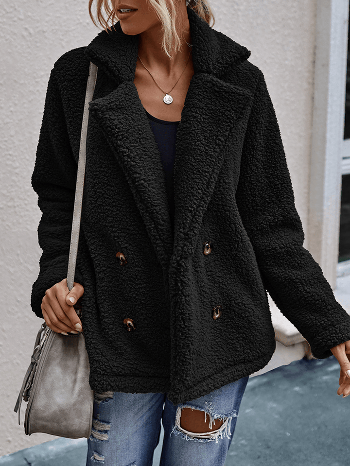 Women Solid Color Double Breasted Plush Warm Coat with Pocket - MRSLM