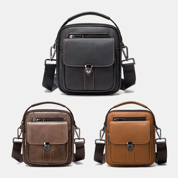 Men Genuine Leather Back Anti-Theft Pocket Crossbody Bags Retro Multi-Pocket Wear-Resistant Messenger Bag Shoulder Bag - MRSLM