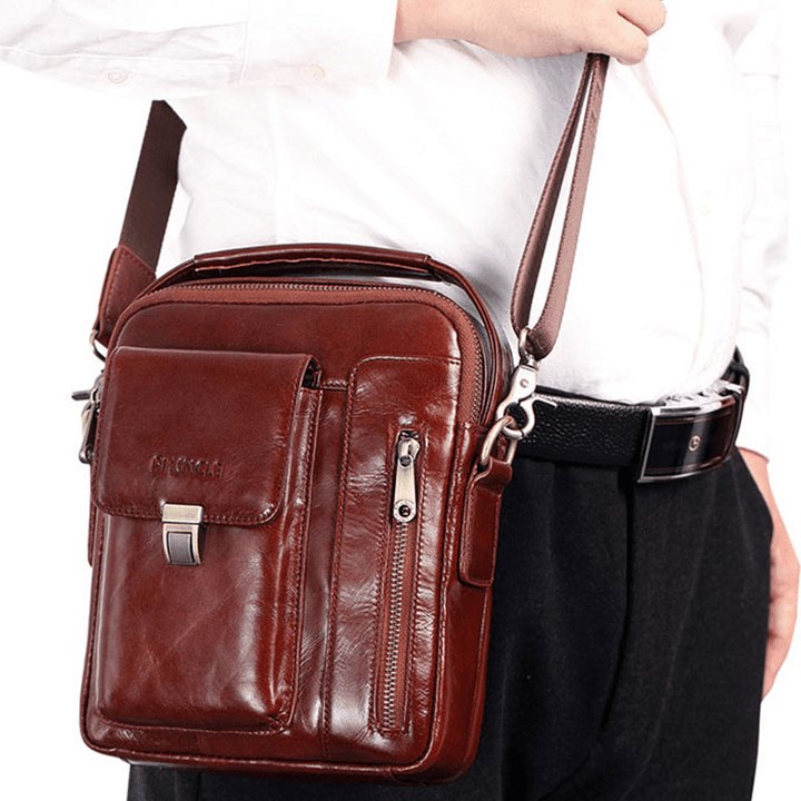 Men Genuine Leather Cowhide Multi-Function Large Capacity Crossbody Bag Shoulder Bag - MRSLM