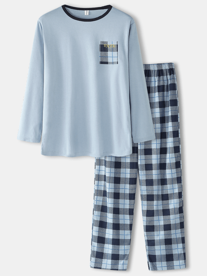 Mens round Neck Long Sleeve Pullover Palid Elastic Waist Pocket Pants Home Pajama Set - MRSLM