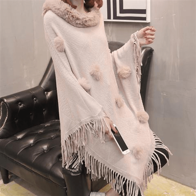 Loose Outer Wear Fur Collar Bat Shirt with Hand-Woven Tassels - MRSLM