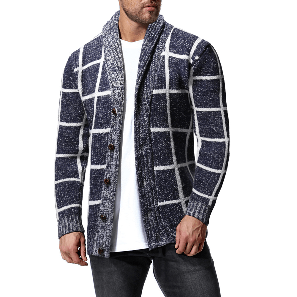 Men'S Winter Color Matching Plaid Cardigan Sweater - MRSLM