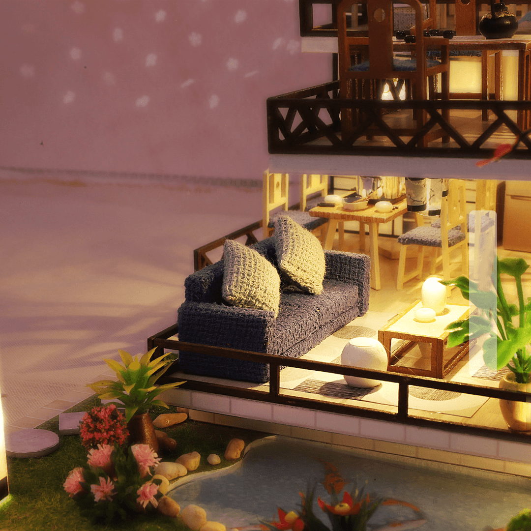 M-029 Chinese Style Wooden DIY Handmade Assemble Doll House Miniature Furniture Kit with LED Effect Toy for Kids Birthday Xmas Gift House Decoration - MRSLM