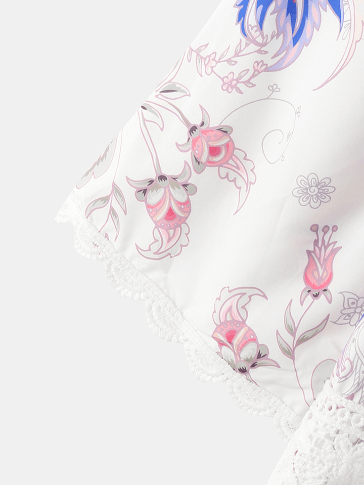 Women Flower Print Plunge Tie Front 3/4 Sleeve Lace Mini Dresses - MRSLM