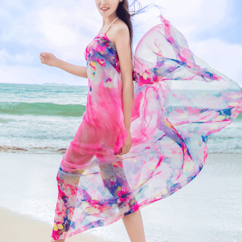 Women Sexy Silk Floral Printed Beach Towel Summer Thin Sunscreen Soft Shawls Dual Wraps - MRSLM