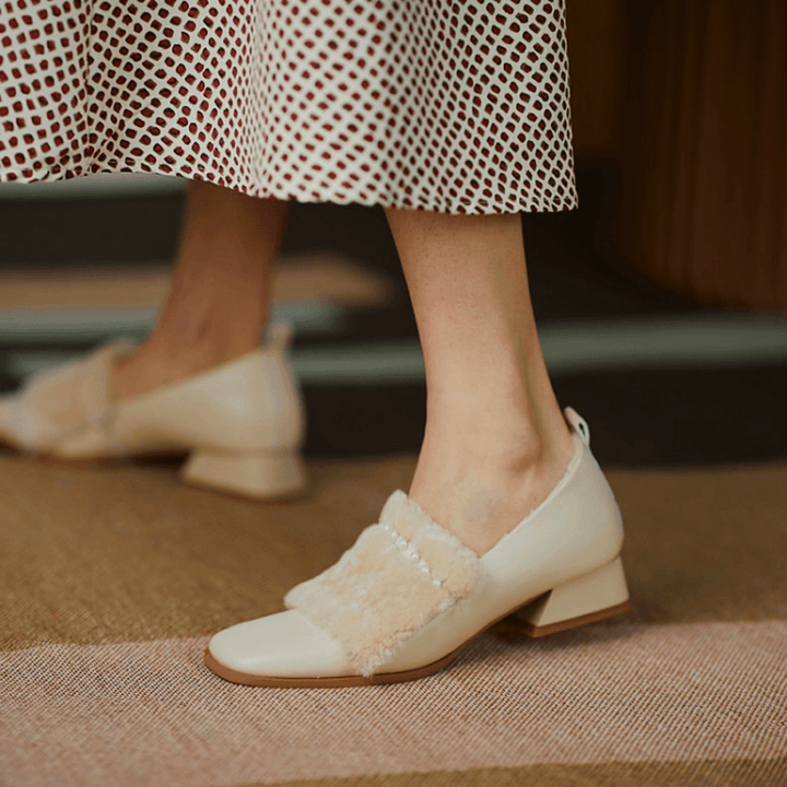 Women Square Toe Fashion Rhinestone Casual Plush Warm Chunky Heels Pumps - MRSLM