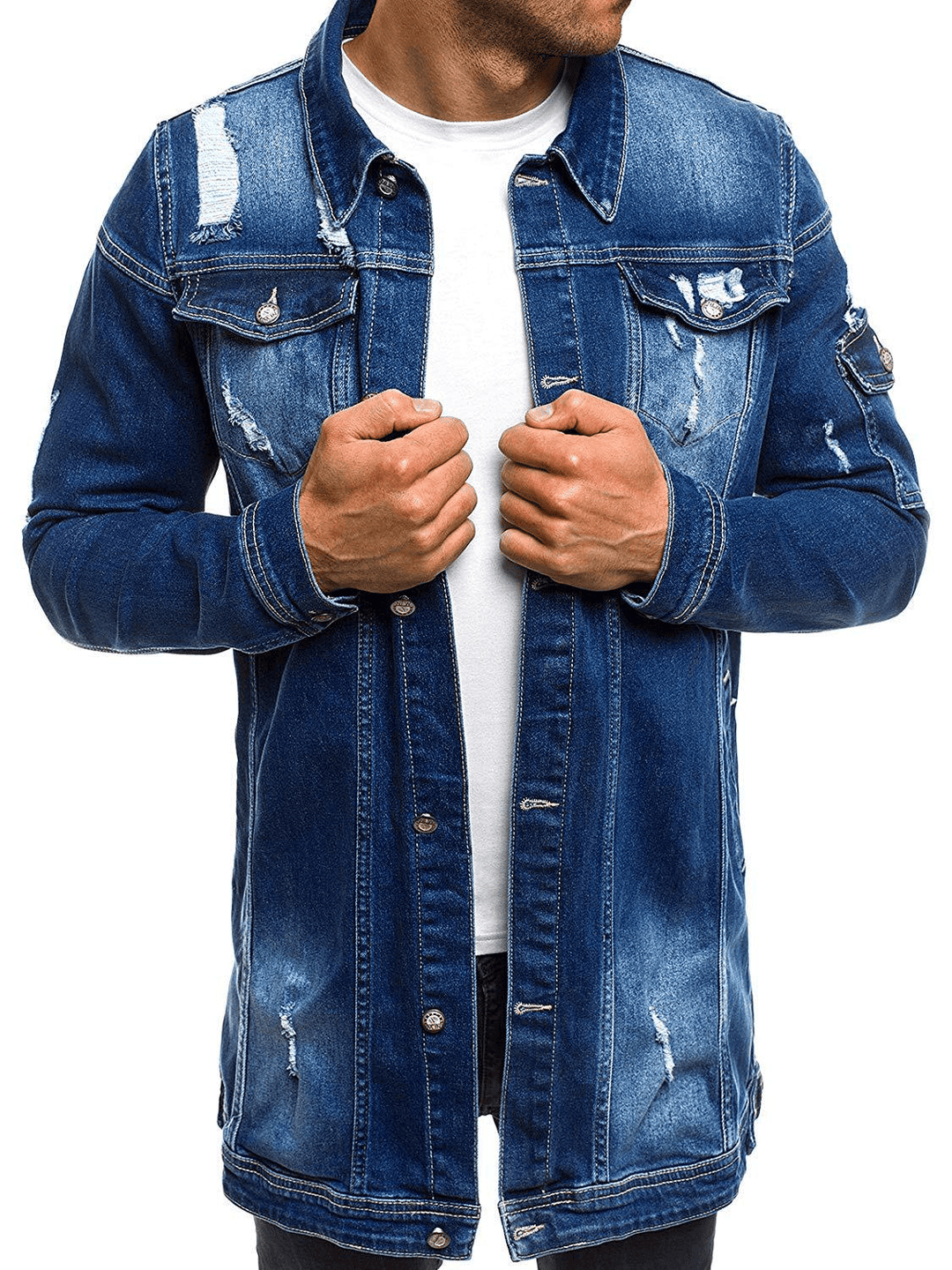 Fashion Men'S Mid-Length Ripped Denim Jacket - MRSLM