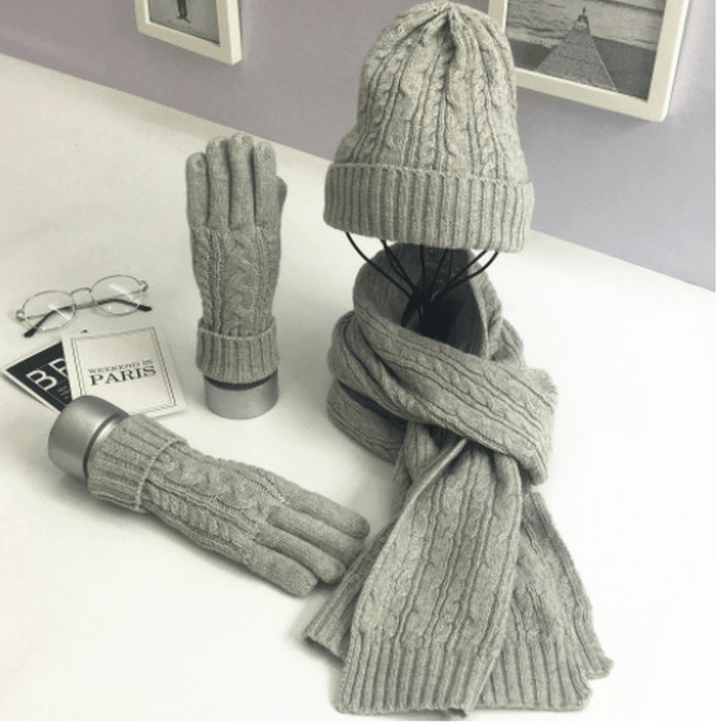 Fashion Solid Color Twist Warm Hat Scarf Glove Set - MRSLM