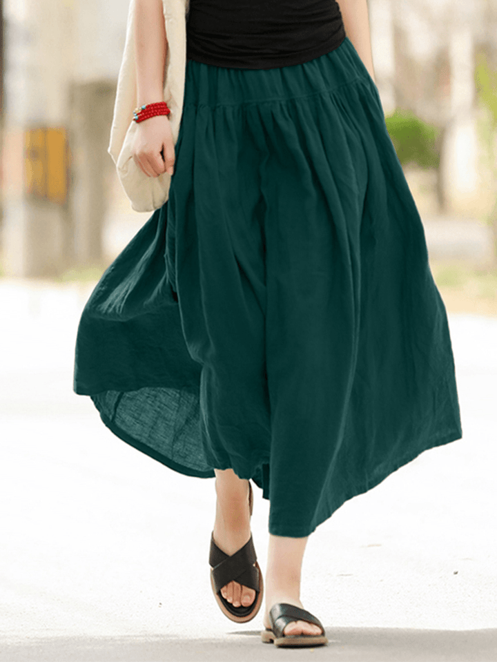 Casual Solid Elastic Waist Pleated Spliced Cotton Skirt for Women - MRSLM