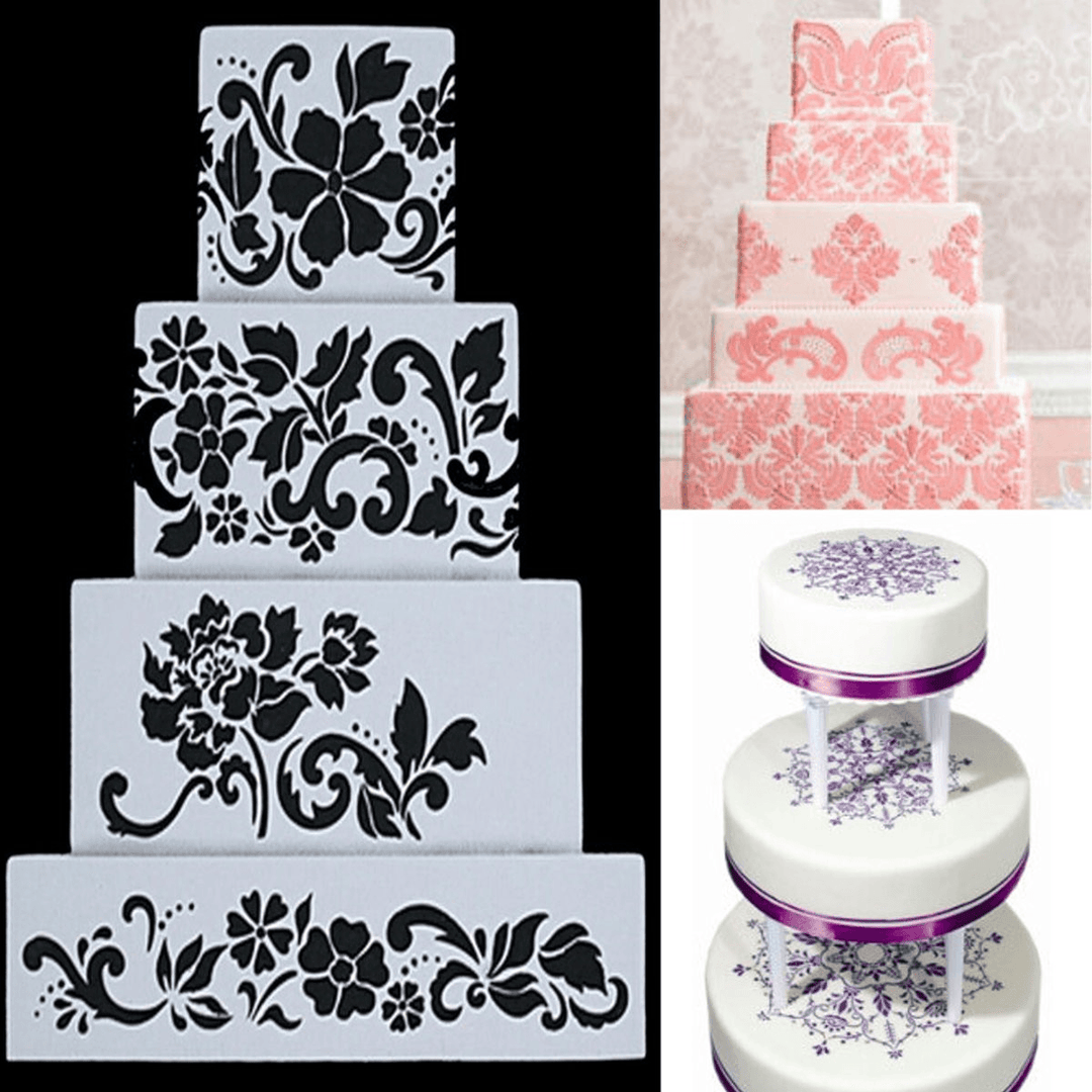 4Pcs DIY Cake Cookie Flower Fondant Side Reusable Baking Stencil Wedding Decor - MRSLM