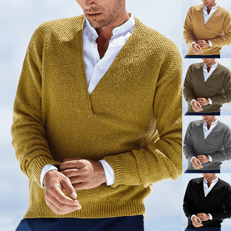 Solid Color Long-Sleeved V-Neck Knitted Men'S Sweater - MRSLM