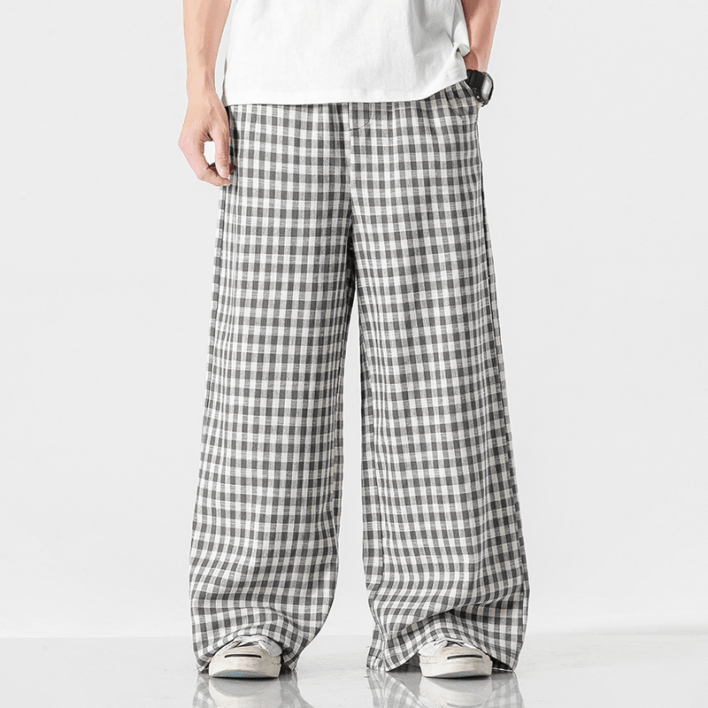Summer plus Size Chinese Style Cotton and Linen Plaid Baggy Pants - MRSLM