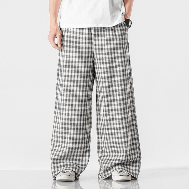 Summer plus Size Chinese Style Cotton and Linen Plaid Baggy Pants - MRSLM