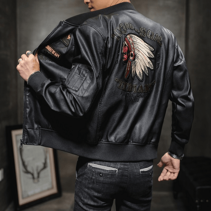 Men'S PU Leather Baseball Collar Embroidered Motorcycle Jacket - MRSLM