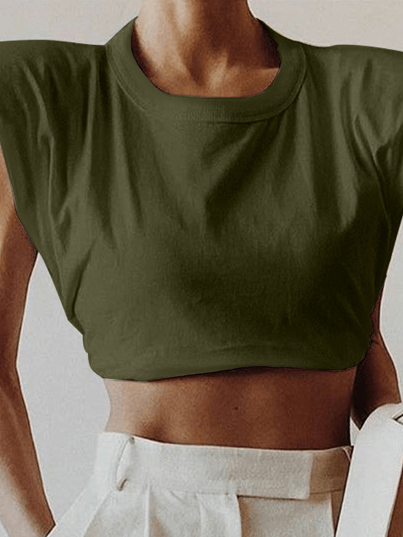 Women Solid Color round Neck Cap Sleeve Casual Crop Tank Tops - MRSLM