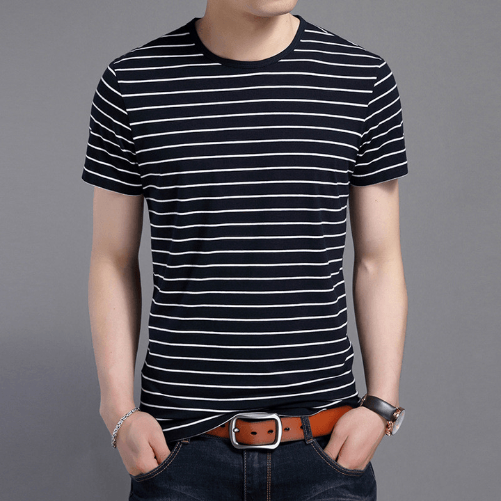 Round Neck Pullover Men'S Short-Sleeved T-Shirt Korean Style Slim Men'S Stripes - MRSLM