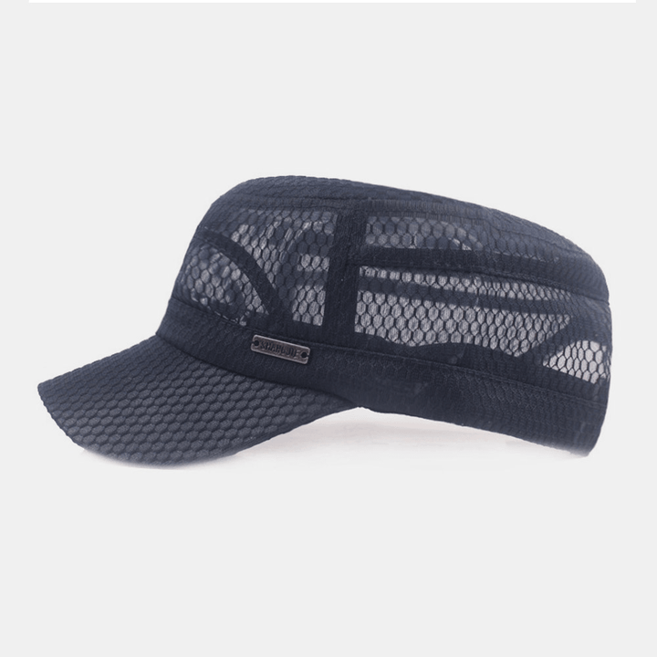 Men Adjustable Mesh Breathable Solid Color Military Cap Flat Cap with Letter Metal Label - MRSLM