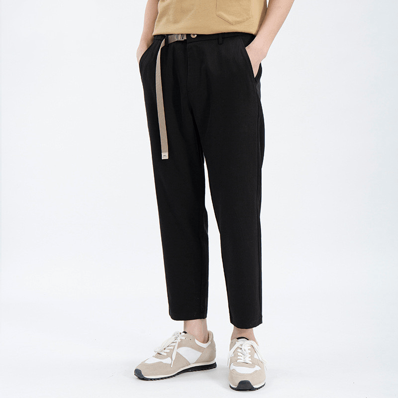 Spring and Summer Silk Cropped Trousers Men'S Belt Pure Color Elastic Waist Slim Straight Casual Pants - MRSLM
