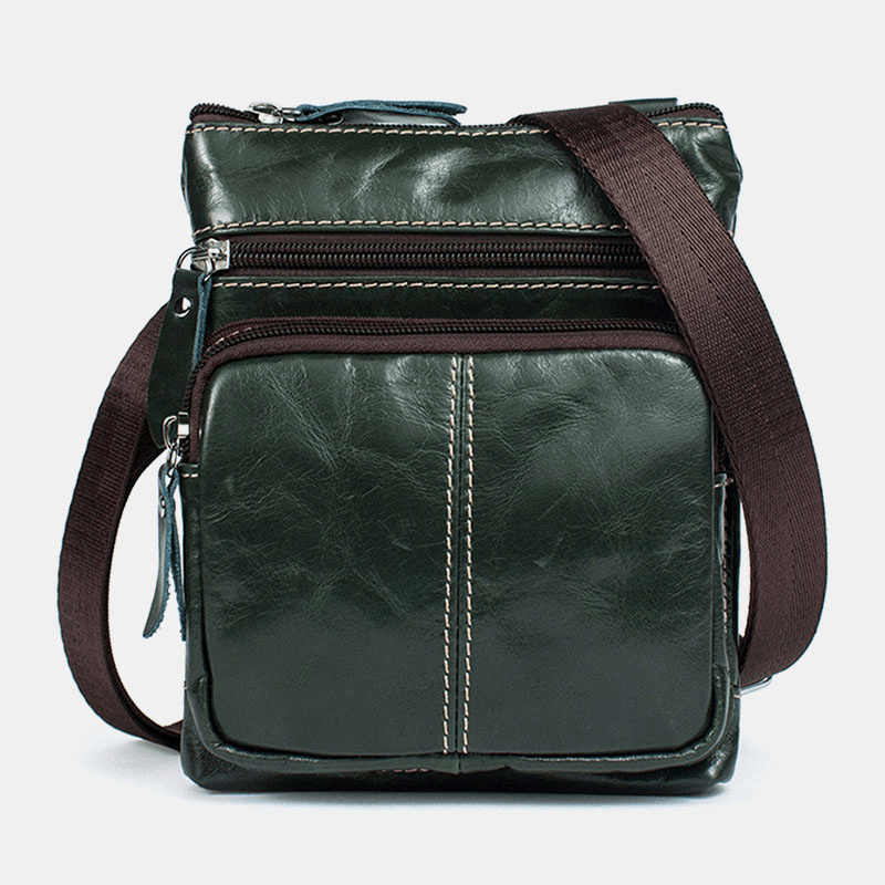 Men Genuine Leather Retro Business Solid Color Leather Zipper Crossbody Bag Shoulder Bag - MRSLM