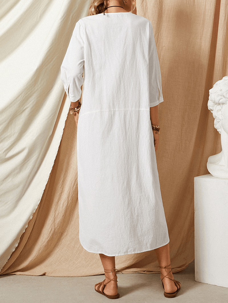 Casual Loose Button round Neck Plain Solid Maxi Dress with Pocket - MRSLM