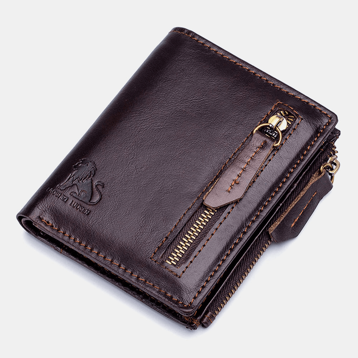 Men Bifold Leather Wallets Hasp Short Large Capacity Coin Purse Card Holder Cowhide Wallets - MRSLM