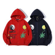 Hemp leaf print zip hooded sweater - MRSLM