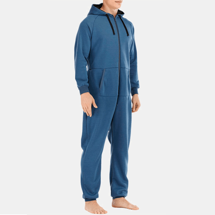 Men Mulit Pockets Thicken Loungewear Zip down Jumpsuit Plain Hooded Pajamas - MRSLM