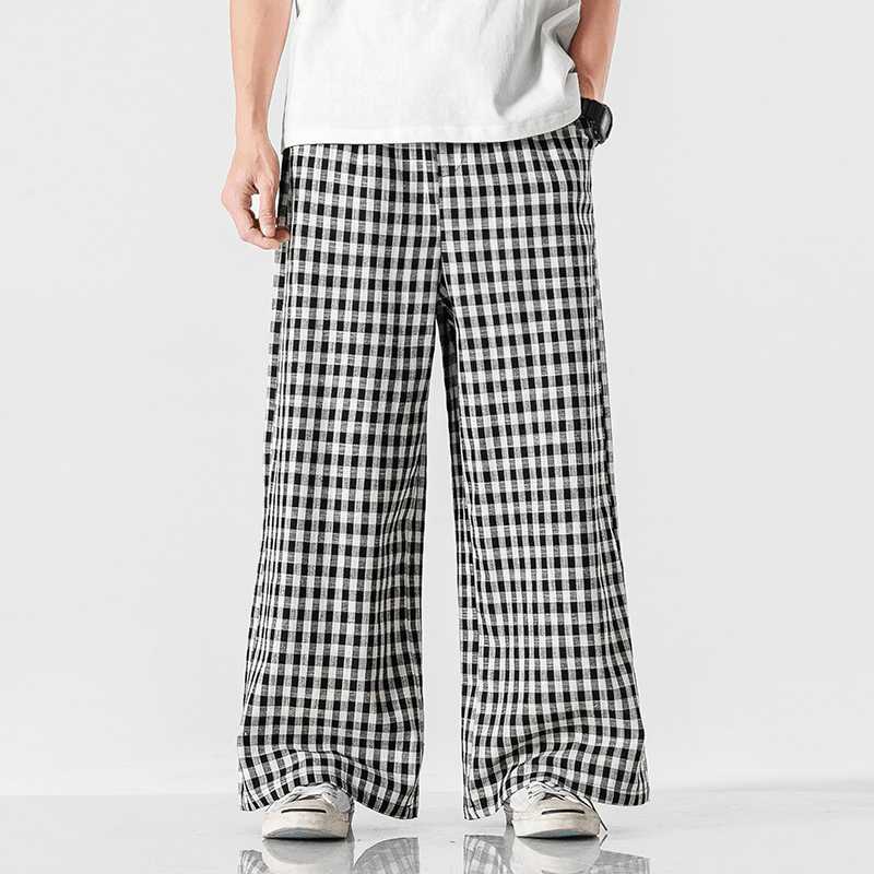 Summer plus Size Chinese Style Cotton and Linen Plaid Baggy Pants - MRSLM
