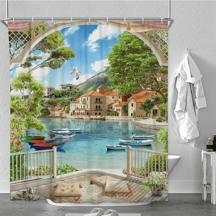 1/3Pcs Bathroom Shower Curtain Mediterranean Sea Printing Set Toilet Cover Mat - MRSLM